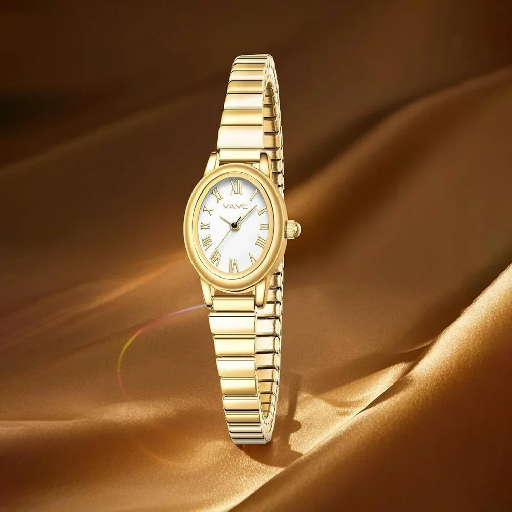 Women's Gold Watch with Stainless Steel Expansion Band Oval Case Roman Dial